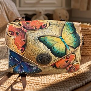 Anuschka Hand Painted Multicolor Butterfly Leather Women's Bag